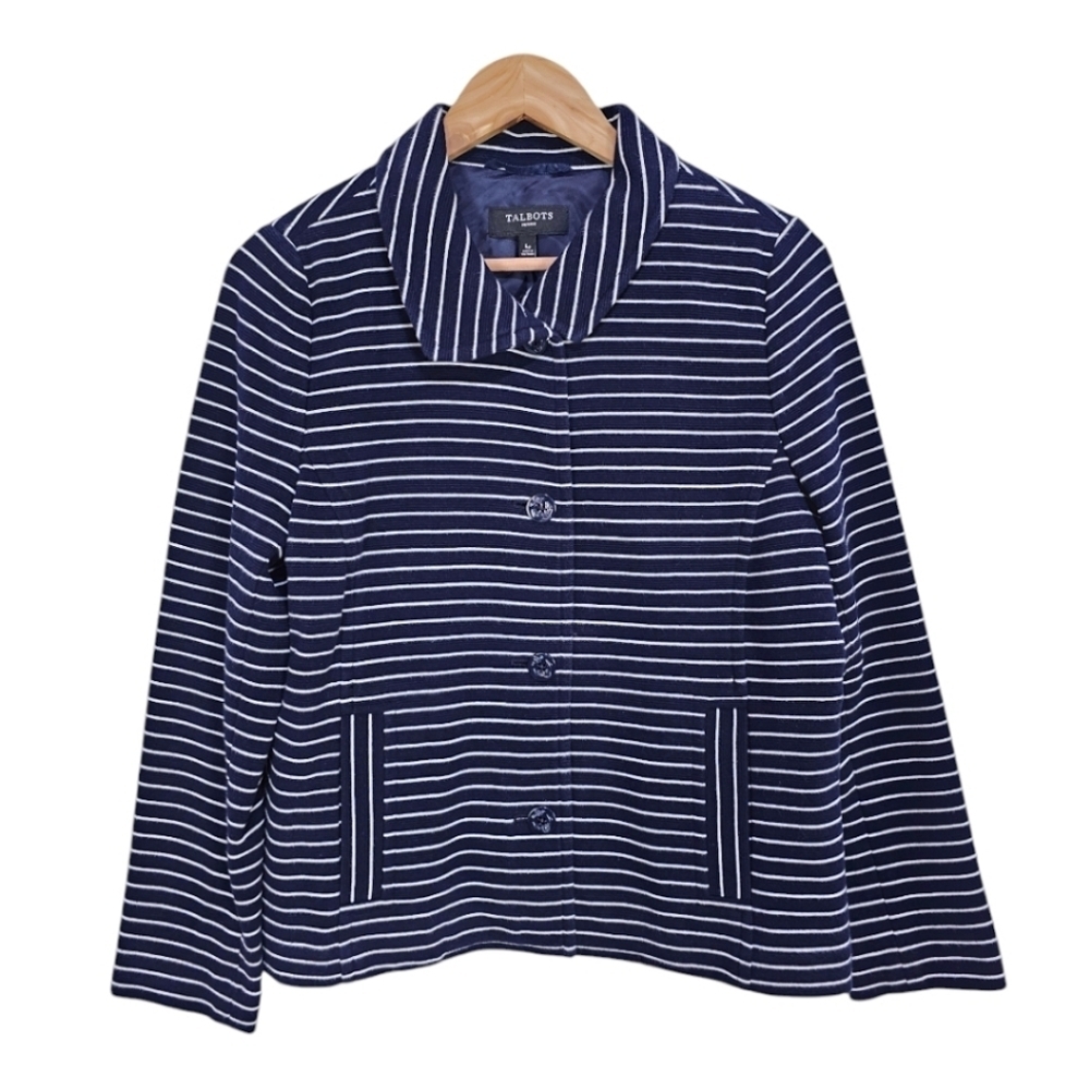 Talbots Cotton Blend Striped 3 Button Down Casual Blazer Navy White Size LP